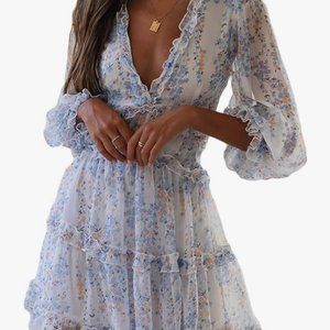 Floral Print V Neck Long Sleeve Backless Mini Short Dress